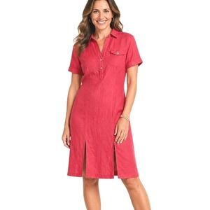 Talbots Red Linen Blend Short Sleeve Button Front Shirt Dress Size 4 Pleated Hem